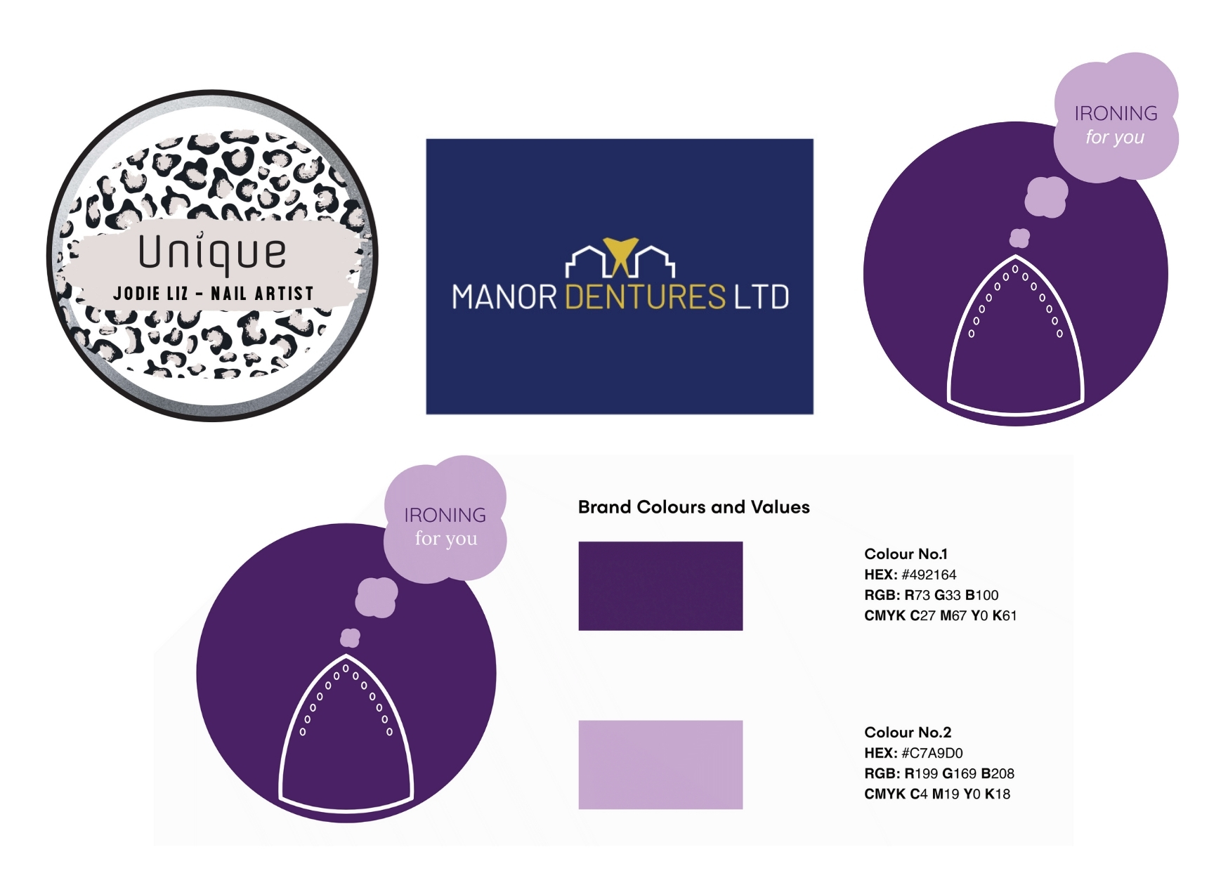 A collection of graphic design projects including logo design and business card design.