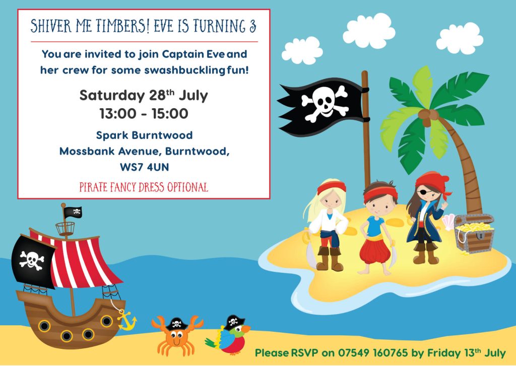 Pirate themed kids’ birthday invitation with treasure and pirate icons.
