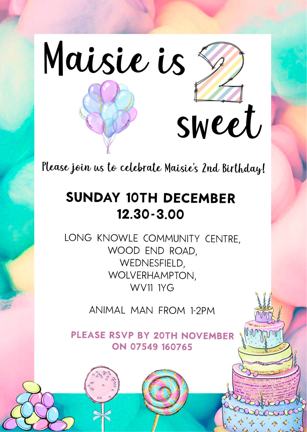 Pastel candy themed kids’ birthday invitation with sweet illustrations.