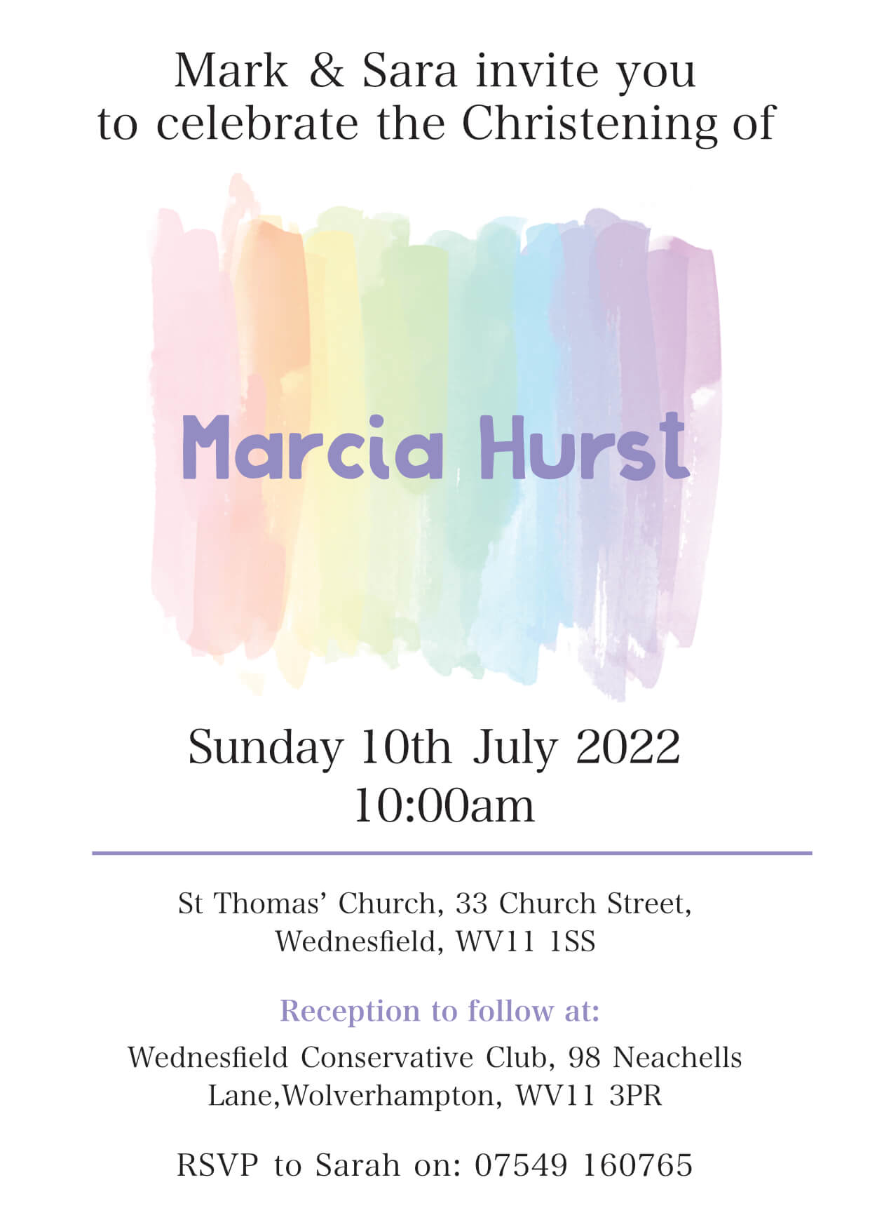 Pastel christening invitation with soft rainbow colours and clean typography.