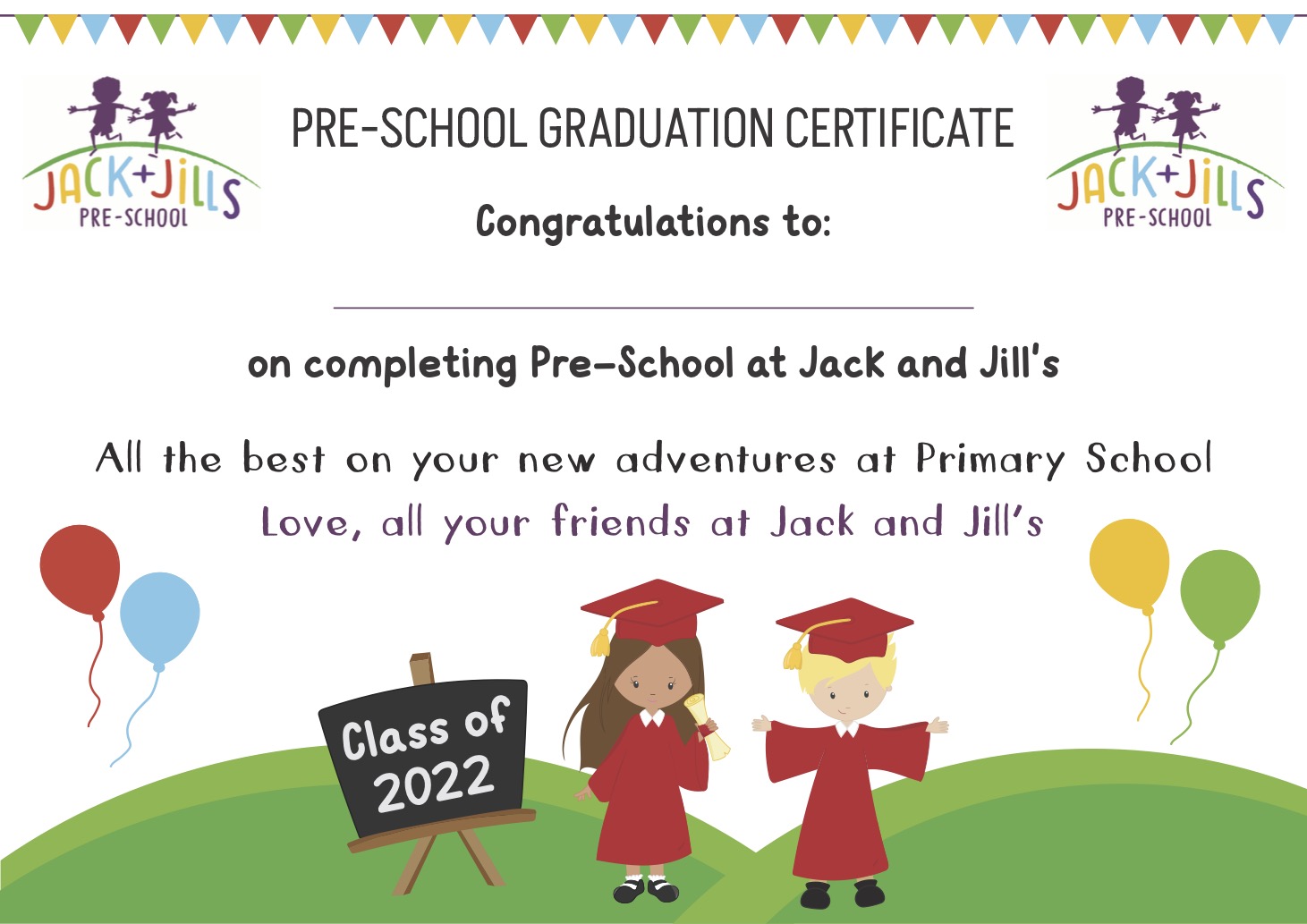 Preschool graduation certificate with bright and cheerful illustrations.