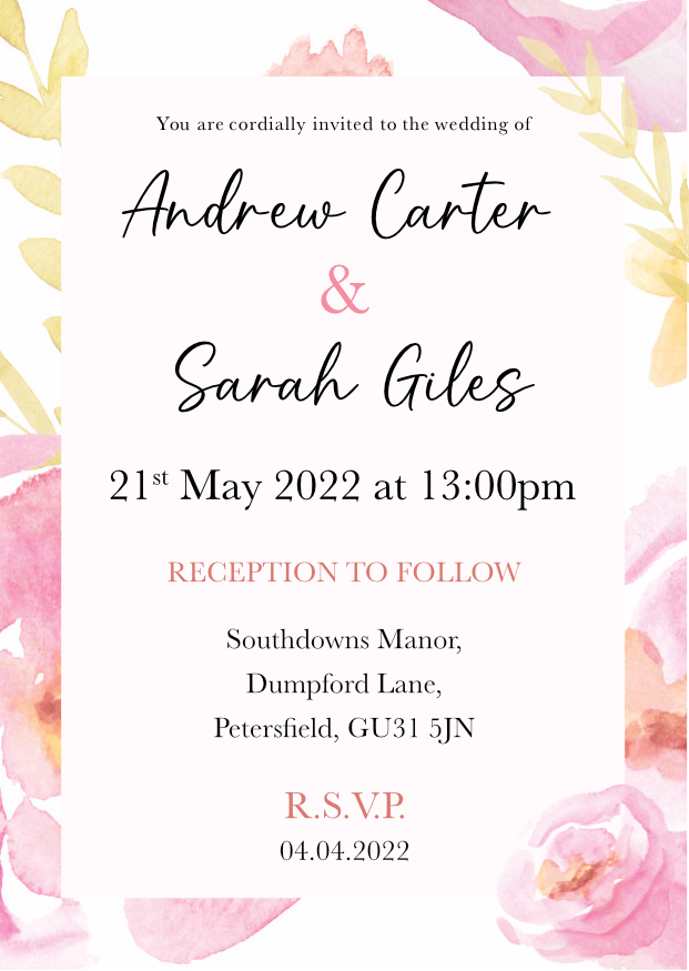 Floral wedding invitation design with elegant botanical illustrations and pastel colouring.