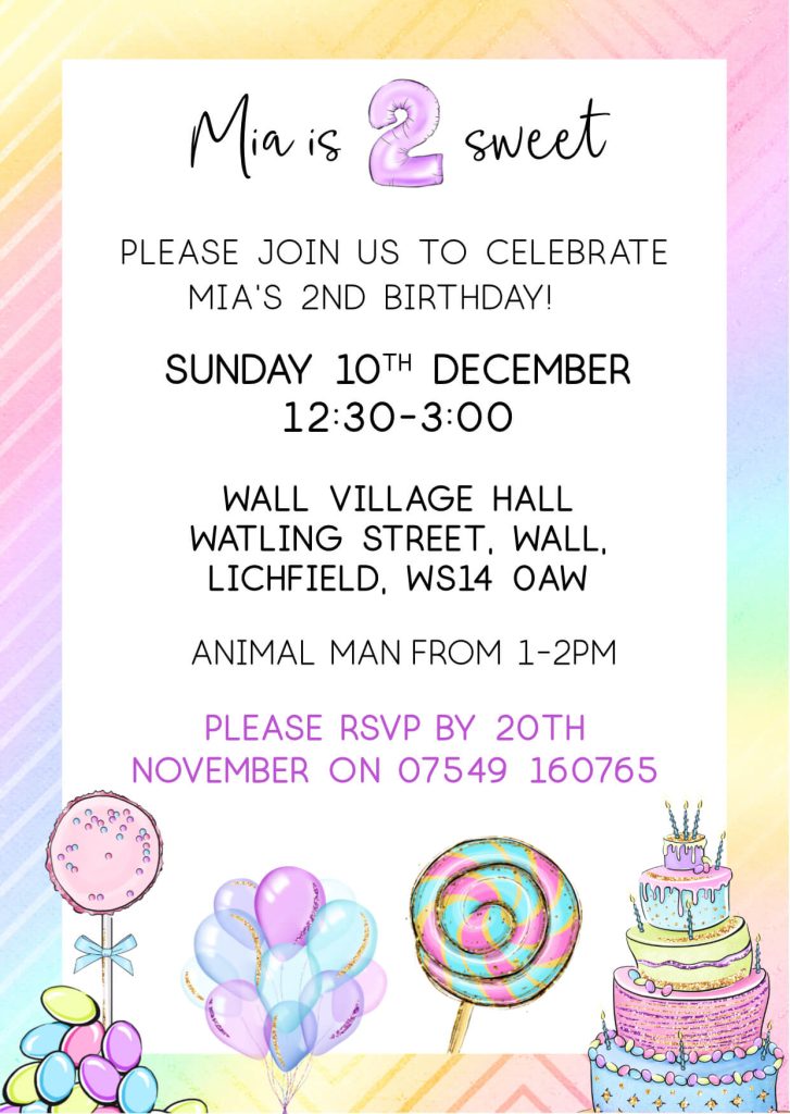 Candy themed birthday invitation with sweets, pastel colours, and playful decorations.