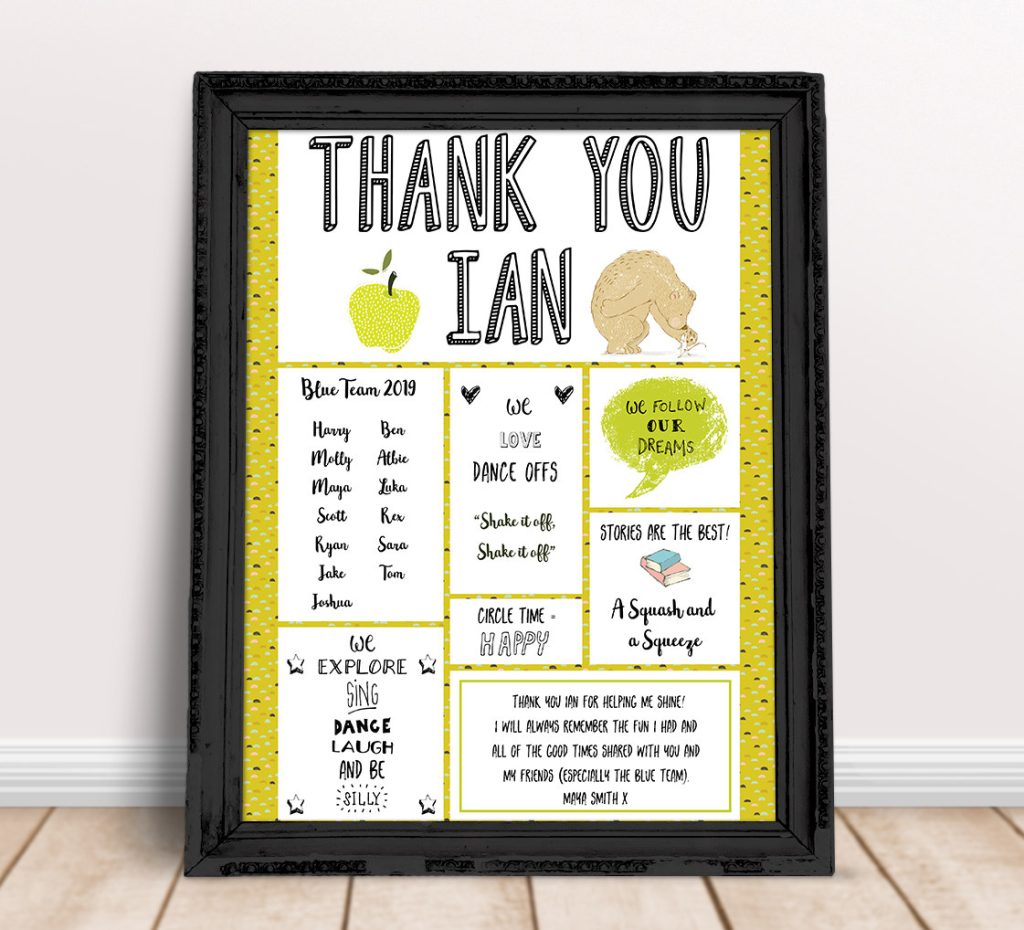 Thank you teacher print design with cheerful school-themed artwork and typography.