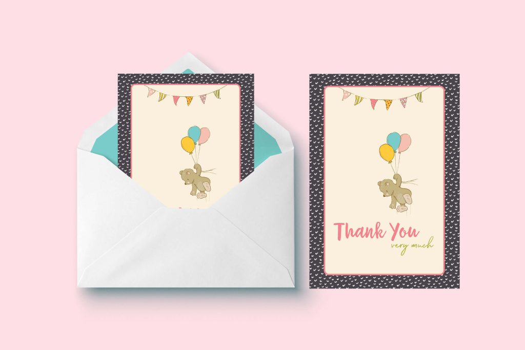 Thank you card and envelope design with simple, elegant layout.