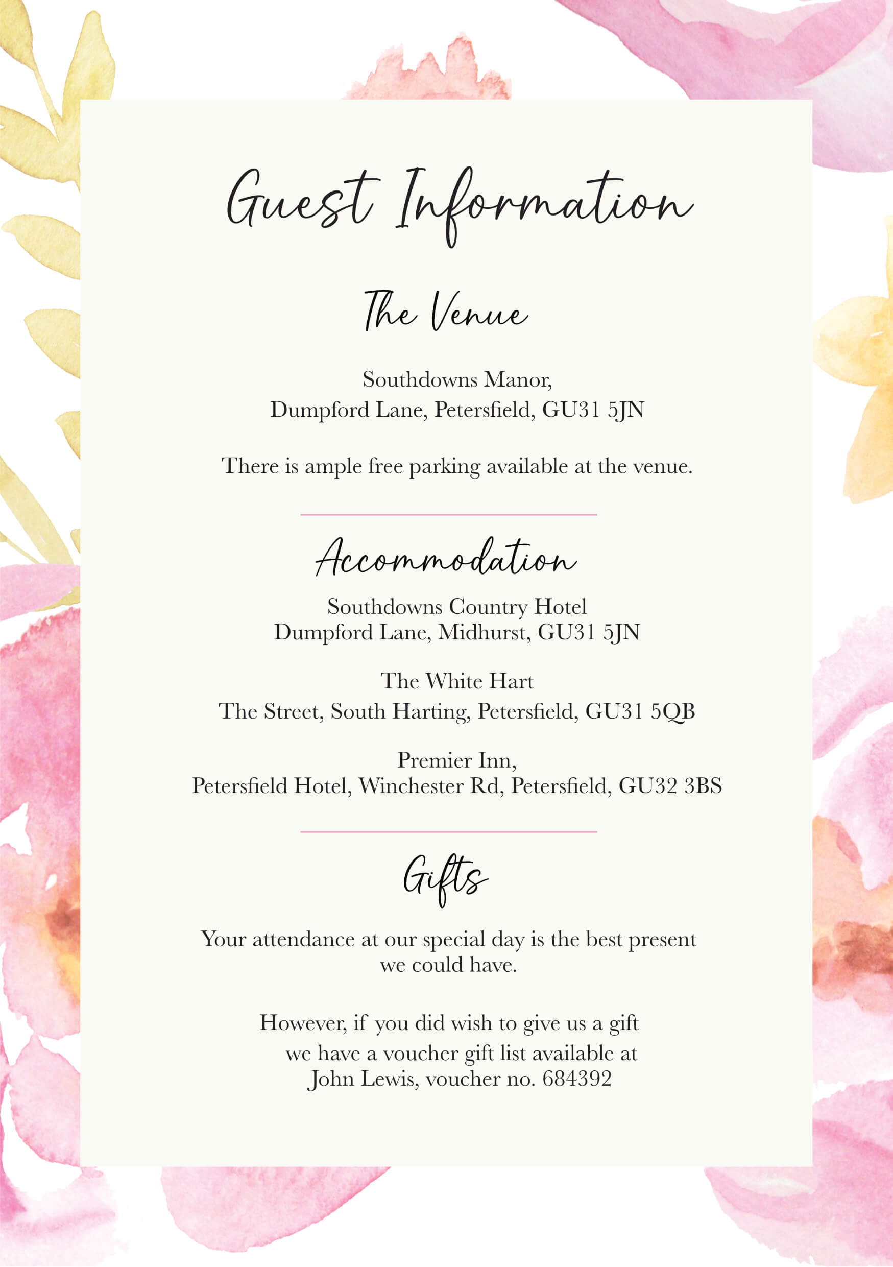 Wedding guest information card with floral artwork.