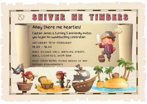 Pirate-themed kid’s birthday invitation with cute illustrations and themed typography.