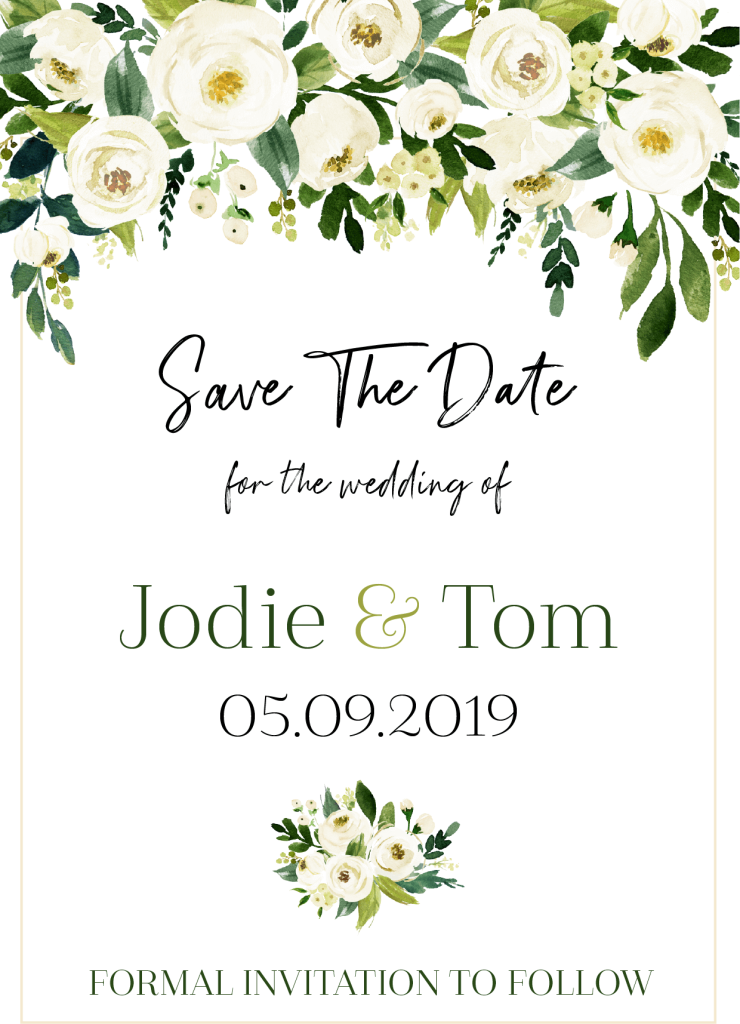 Elegant white floral save the date card with watercolor flowers and modern wedding typography.