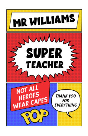 Superhero-themed thank you teacher card with comic-style artwork.